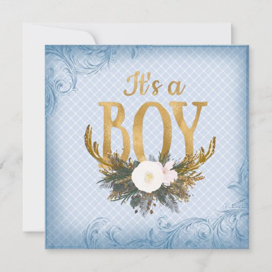 Invitation Boys Deer Antler Baby shower Bleu et Or (Devant)