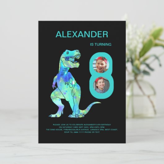 Invitation Boys Dinosaur T-Rex 8e fête d'anniversaire (Debout devant)