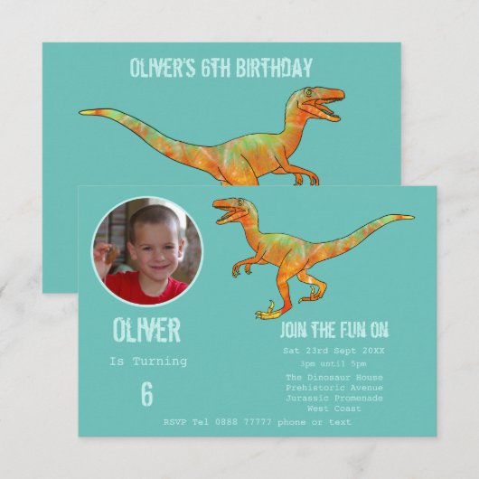 Invitation Boys Dinosaur Velociraptor 6e fête d'anniversaire (Devant / Derrière)