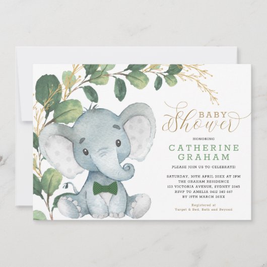 Invitation Boys Elephant Green Gold Garden Baby shower (Devant)