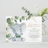 Invitation Boys Elephant Green Gold Garden Baby shower (Debout devant)