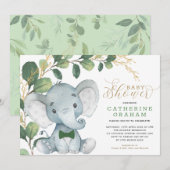 Invitation Boys Elephant Green Gold Garden Baby shower (Devant / Derrière)