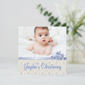 Invitation Boys en damas beige et bleu Photo Christening (Debout devant)