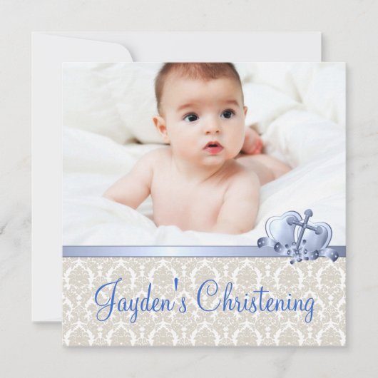 Invitation Boys en damas beige et bleu Photo Christening (Devant)