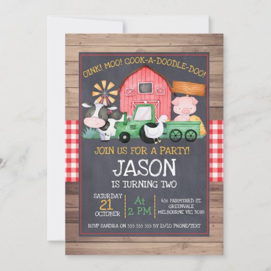 Invitation Boys Farm Green Tractor Chalkboard Anniversaire (Devant)