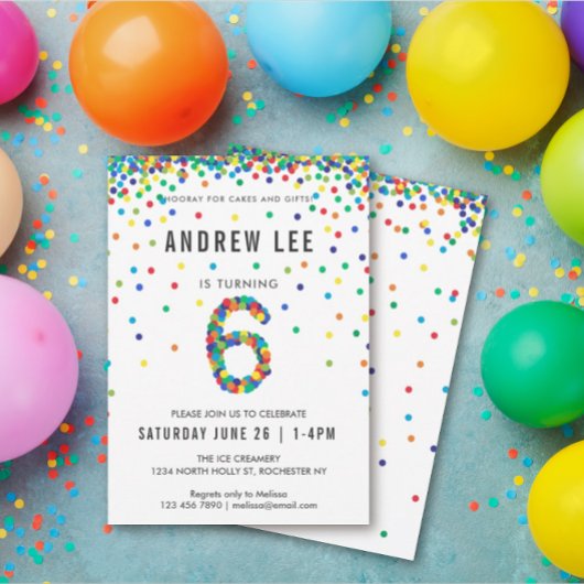 Invitation Boys fête de 6e anniversaire, Confetti couleur pri