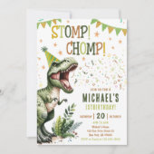 Invitation Boys Green Stomp Chomp Roar Dinosaur 1st Birthday (Devant)
