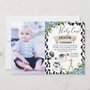 Invitation Boys Holy Cow and Cow Imprimer Photo 1er Anniversa