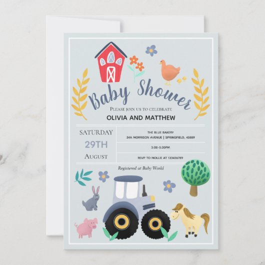Invitation Boys mignon rustique Pays Baby shower tracteur agr (Devant)