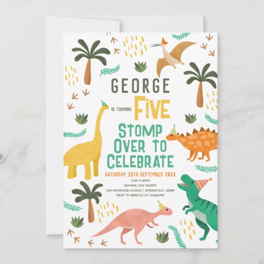 Invitation Boys mignonne Jungle Dinosaur Enfants 5e anniversa (Devant)