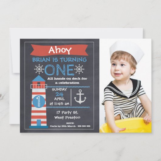 Invitation Boys Nautical Lighthouse Photo Anniversaire Invita (Devant)