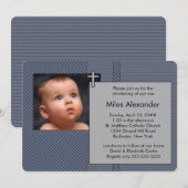 Invitation Boys Navy Blue and Grey Photo Christening (Devant / Derrière)