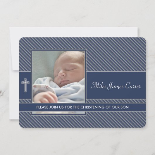Invitation Boys Navy Blue Photo Baptême Christening (Devant)