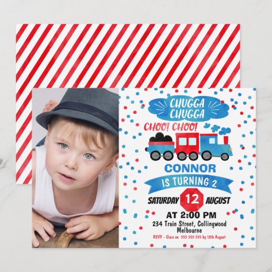 Invitation Boys Photo Watercolor Train Anniversaire Invitatio (Devant / Derrière)