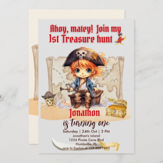 Invitation Boys Pirate Party 1ère Chasse au trésor (Devant / Derrière)
