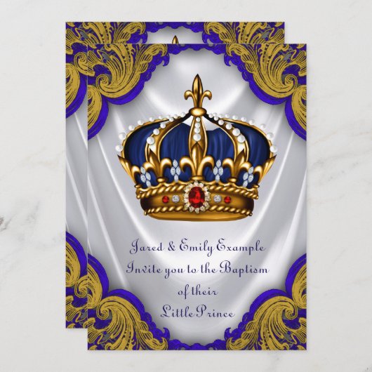 Invitation Boys Prince Baptême Royal Blue Gold Ruby Crown (Devant / Derrière)