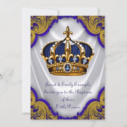 Invitation Boys Prince Baptême Royal Blue Gold Swirl Satin (Devant)