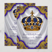 Invitation Boys Prince Baptême Royal Blue Gold Swirl Satin (Devant / Derrière)