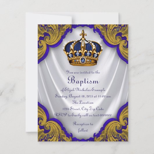 Invitation Boys Prince Baptême Royal Blue Gold Swirl Satin (Dos)