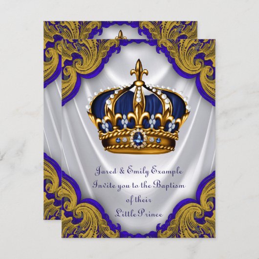 Invitation Boys Prince Baptême Royal Blue Gold Swirl Satin (Devant / Derrière)