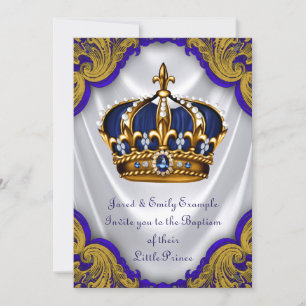 Invitation Boys Prince Baptism Royal Blue Gold Swirl Satin