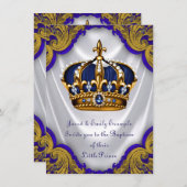 Invitation Boys Prince Baptism Royal Blue Gold Swirl Satin (Devant / Derrière)
