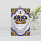 Invitation Boys Prince Baptism Royal Blue Gold Swirl Satin (Debout devant)
