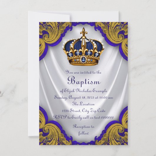 Invitation Boys Prince Baptism Royal Blue Gold Swirl Satin (Dos)