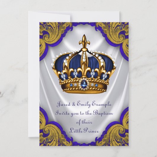 Invitation Boys Prince Baptism Royal Blue Gold Swirl Satin (Devant)