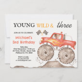 Invitation Boys Red Monster Truck Young Wild Trois Anniversai (Devant)