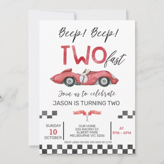 Invitation Boys Red Racing Car Two Fast 2e Anniversaire (Devant)