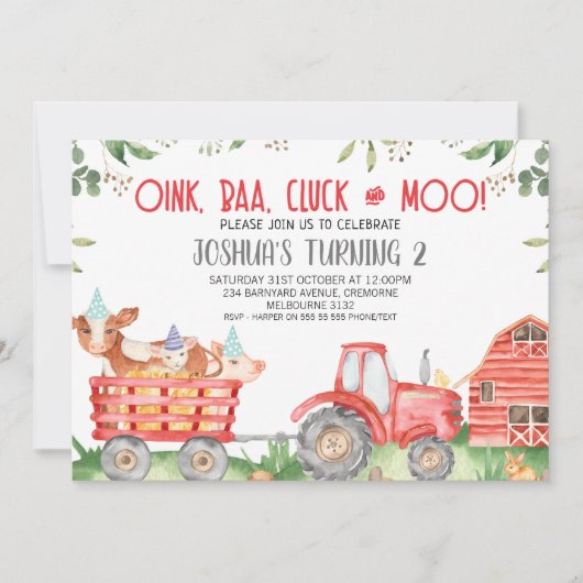 Invitation Boys Red Tractor Animaux de ferme Anniversaire Inv (Devant)