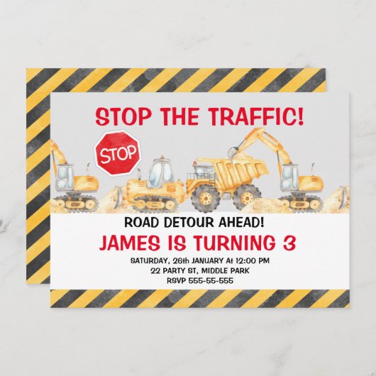 Invitation Boys Road Construction Arrêt La circulation Annive (Devant / Derrière)