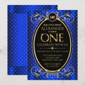 Invitation Boys Royal Blue Gold Prince Première fête d'annive (Devant / Derrière)
