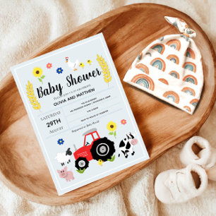 Invitation Boys Rustic Blue Farm Baby shower tracteur
