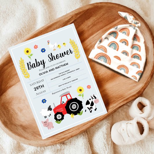 Invitation Boys Rustic Blue Farm Baby shower tracteur