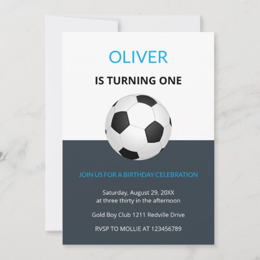 Invitation Boys Simple Blue Soccer Kids First Birthday (Devant)