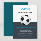 Invitation Boys Simple Blue Soccer Kids First Birthday (Devant / Derrière)