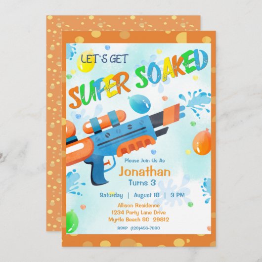 Invitation Boys Summer Watergun Pool fête d'anniversaire (Devant / Derrière)