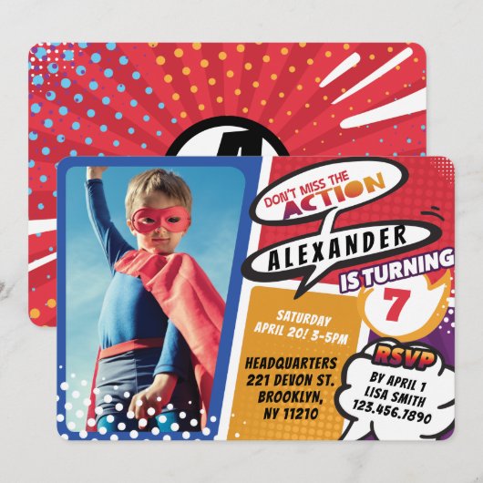 Invitation Boy's Superhero Comic Photo Anniversaire Invitatio (Devant / Derrière)