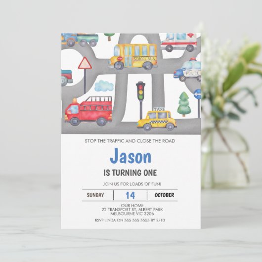 Invitation Boys Véhicules ou Transport Road 1er anniversaire (Debout devant)