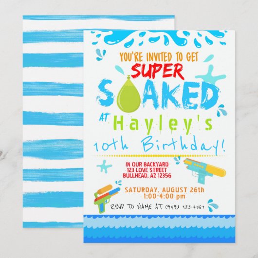 Invitation Boys Water Gun Water Balloon Fête de natation Anni (Devant / Derrière)