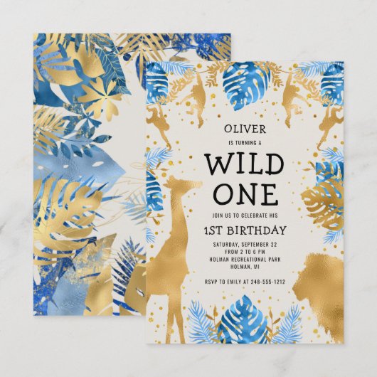 Invitation Boys Wild One 1er anniversaire Blue Ecru Safari (Devant / Derrière)