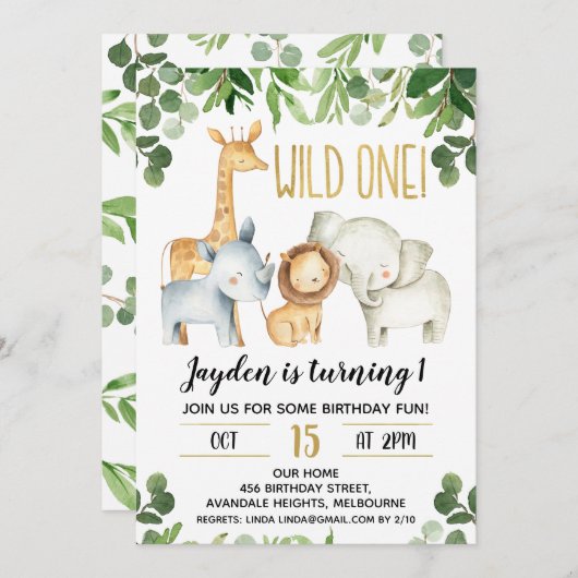 Invitation Boys Wild One Foliage Safari Anniversaire Invitati (Devant / Derrière)