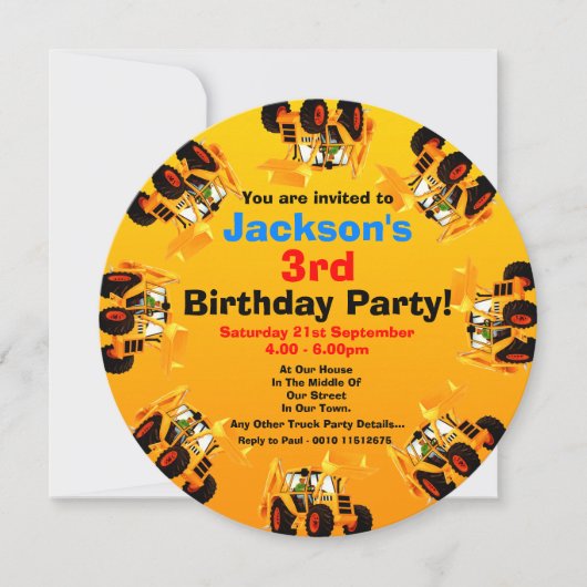 Invitation Boys Yellow Digger 3e anniversaire de la fête de l (Devant)