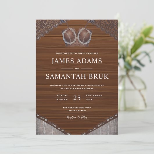 Invitation Bra en cuir Bois rustique Éclairages Mariage (Debout devant)