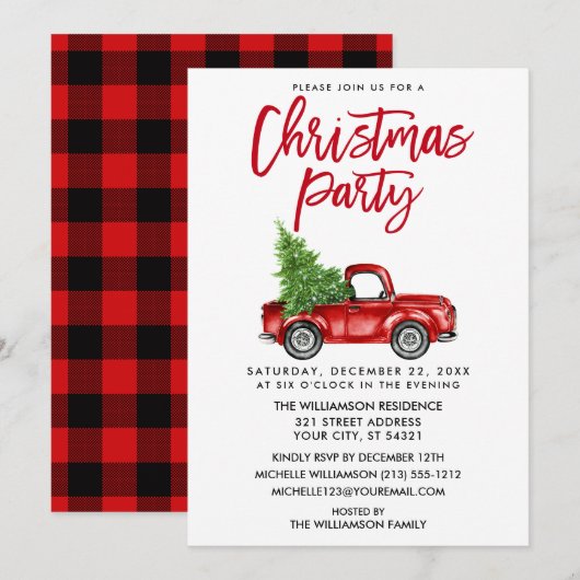 Invitation Bracelet Script Red Plaid Truck Christmas Party (Devant / Derrière)