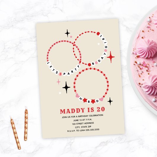 Invitation Bracelets d'amitié rose et rouge Anniversaire