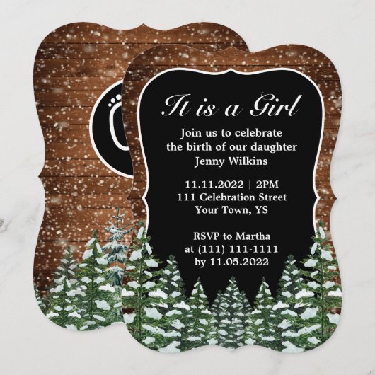Invitation Bracket Snowy Wood & Forest Baby Girl Birth (Devant / Derrière)