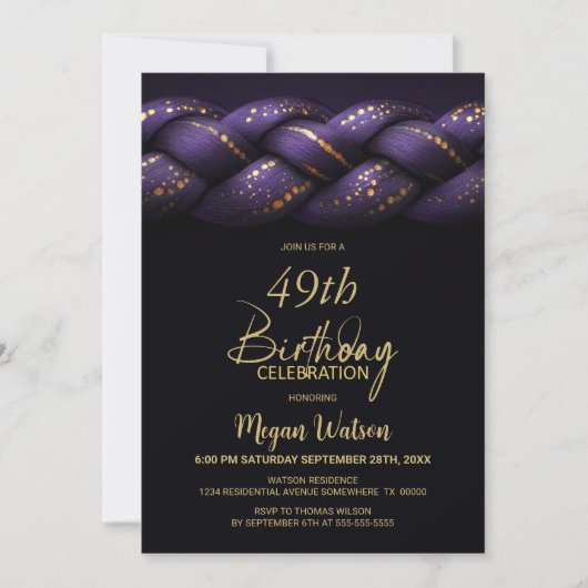 Invitation Braid en or violet n'importe quel âge fête d'anniv (Devant)